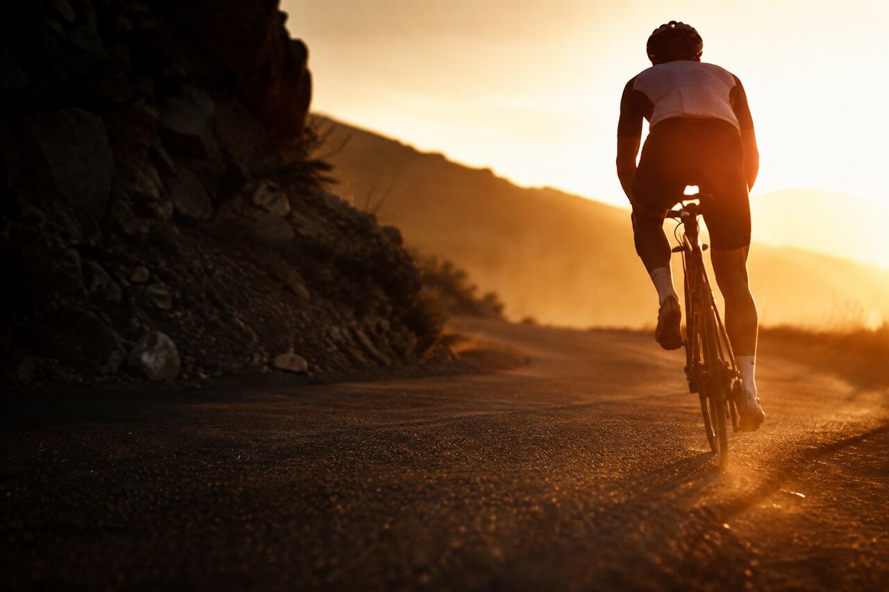 Cyclist climbing a mountain switchback into low evening sun