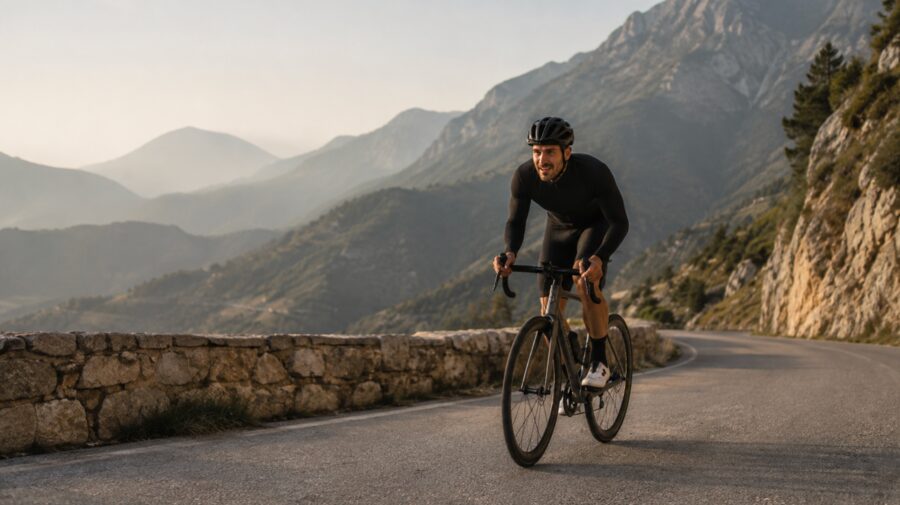 Angelo, the developer, riding his road bike on a mountain road at dawn